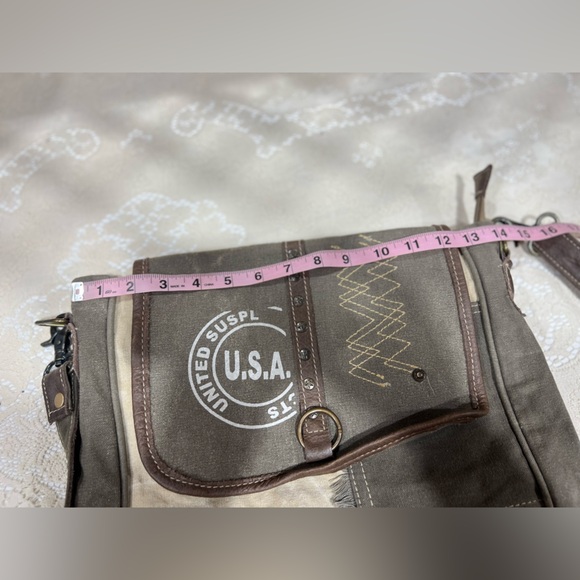 Myra Bag Crossbody Messenger – Canvas & Leather Military Stamp Rustic Boho Style - Picture 15 of 16